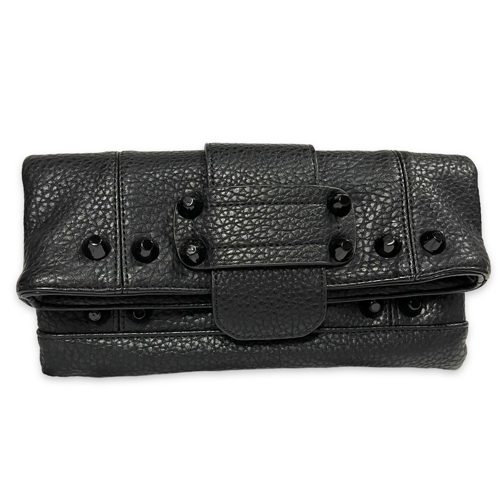 Black Leather Gunmetal Rivets Clutch Crossbody Bag NWOT - Picture 3 of 14